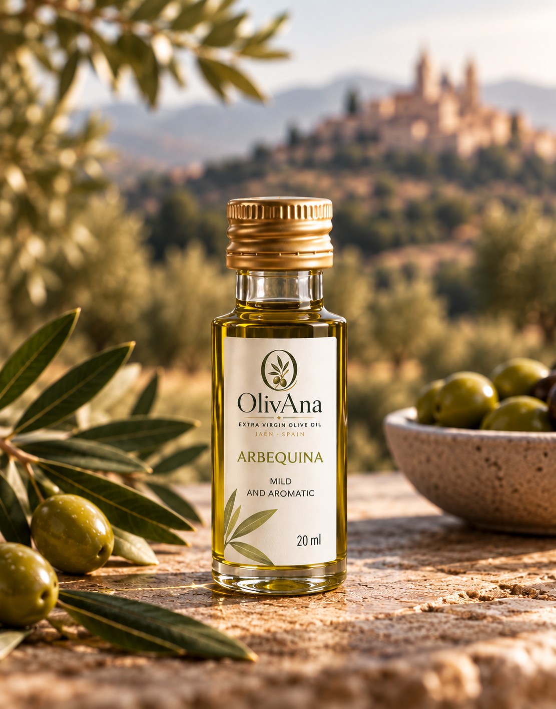 OlivAna Arbequina extra virgin olive oil in a 20 ml bottle