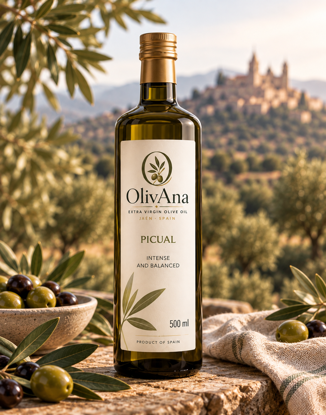 OlivAna Picual extra virgin olive oil in a 500 ml bottle