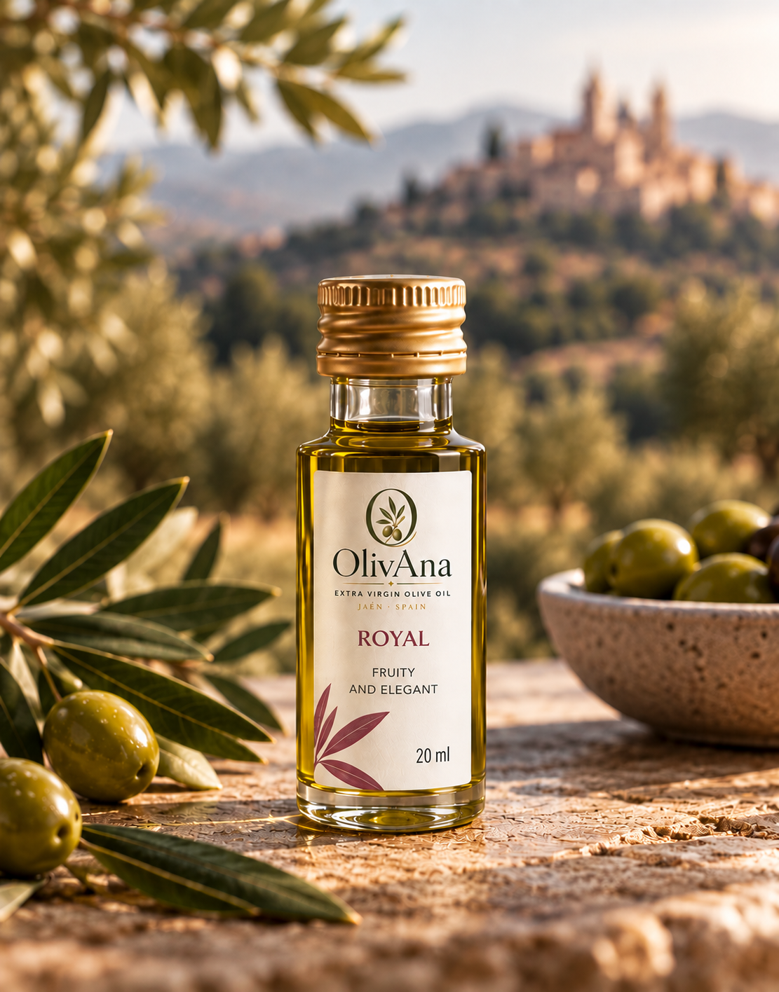 OlivAna Royal extra virgin olive oil in a 20 ml bottle