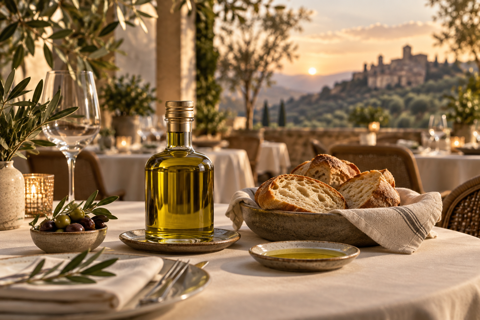 Premium restaurant table with extra virgin olive oil and artisan bread