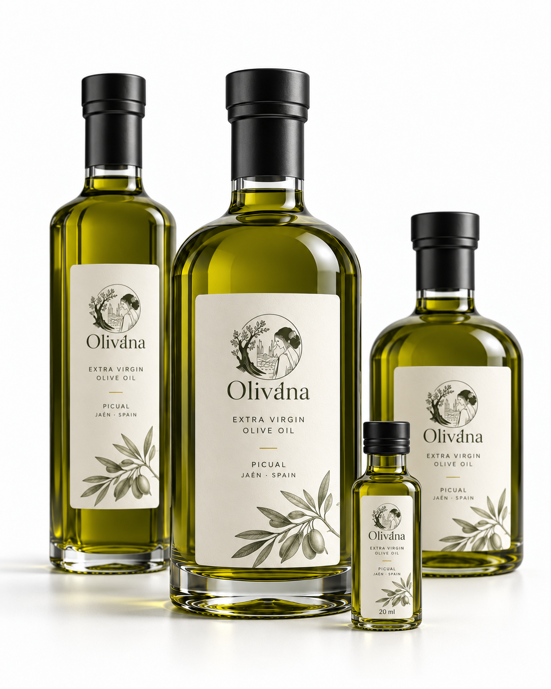 OlivAna premium extra virgin olive oil bottles and 20 ml single-serve format